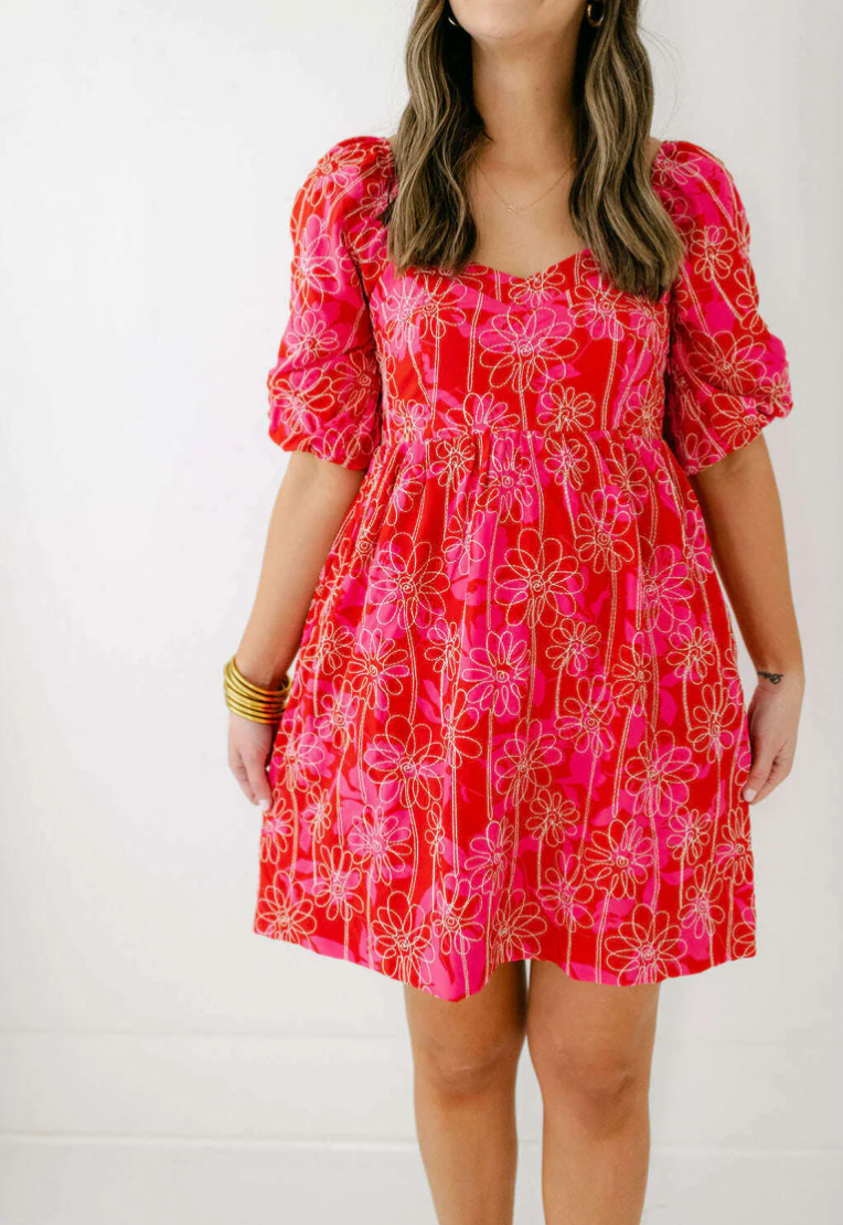 Joy Joy Red Embroidered Babydoll Dress