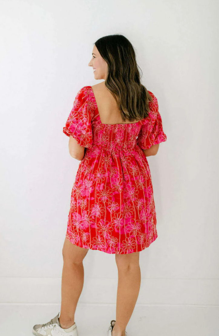 Joy Joy Red Embroidered Babydoll Dress