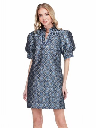 Jade Gilded Trellis Collar Trimmed V Neck Dress