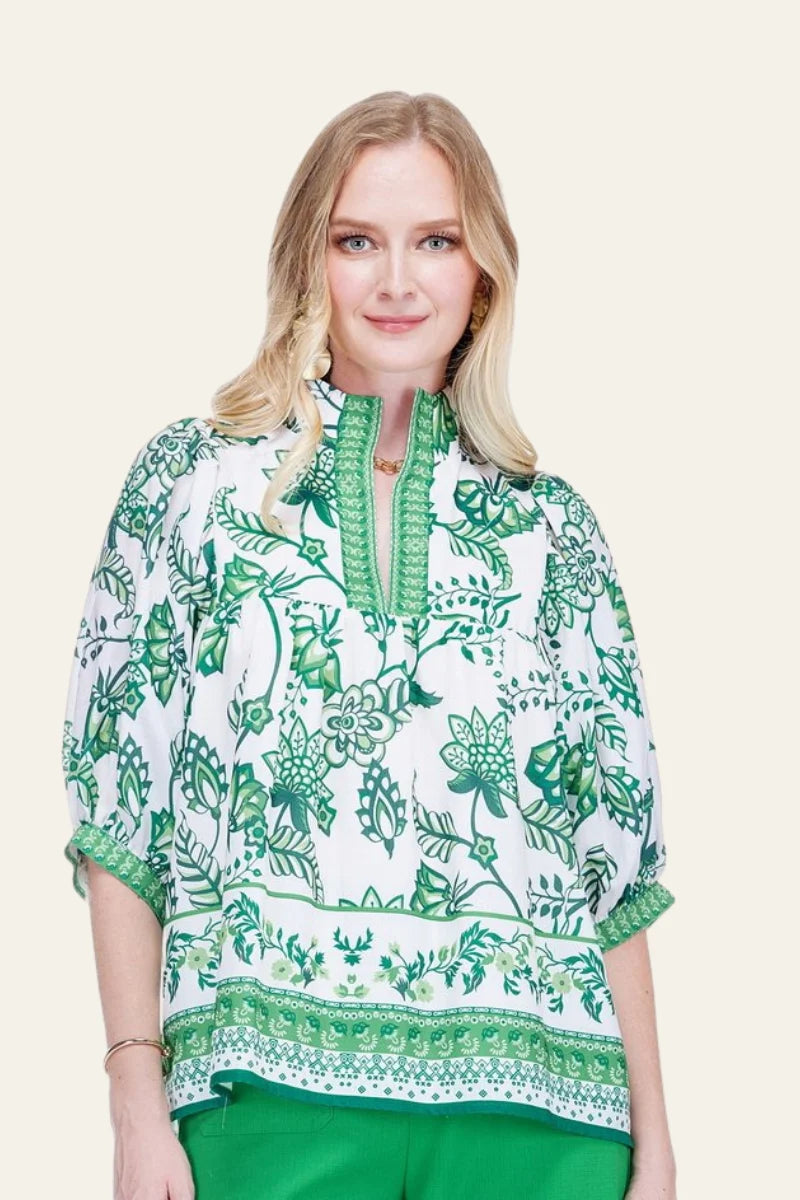 Jade Green and White Floral Blouse