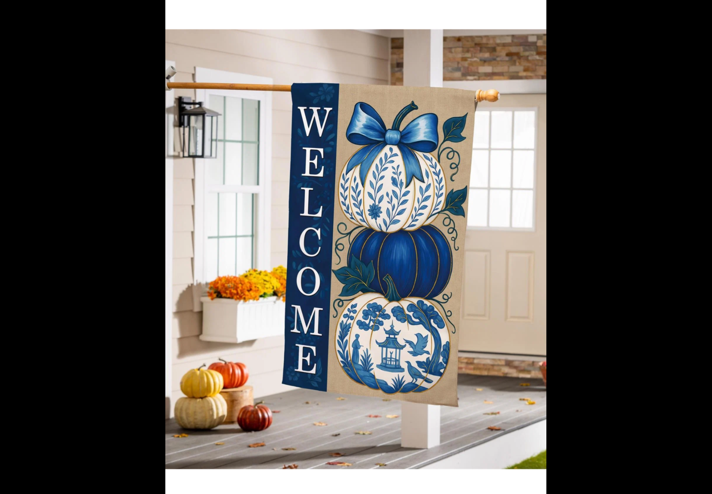 Evergreen Chinoiserie Welcome Pumpkins Burlap Large House Flag