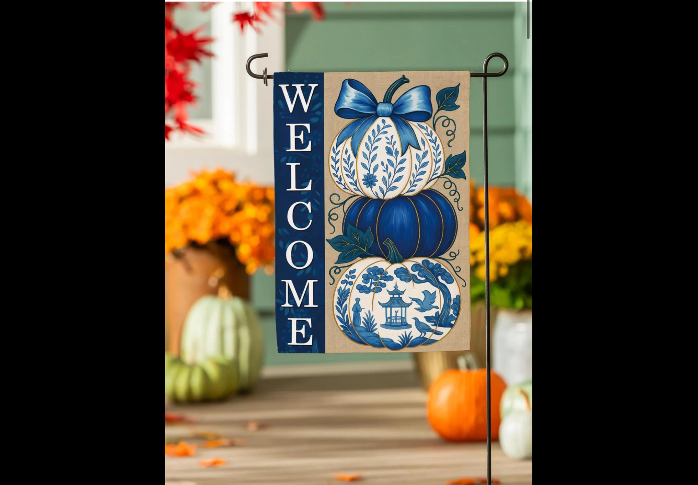 Evergreen Chinoiserie Welcome Pumpkins Burlap Garden Flag