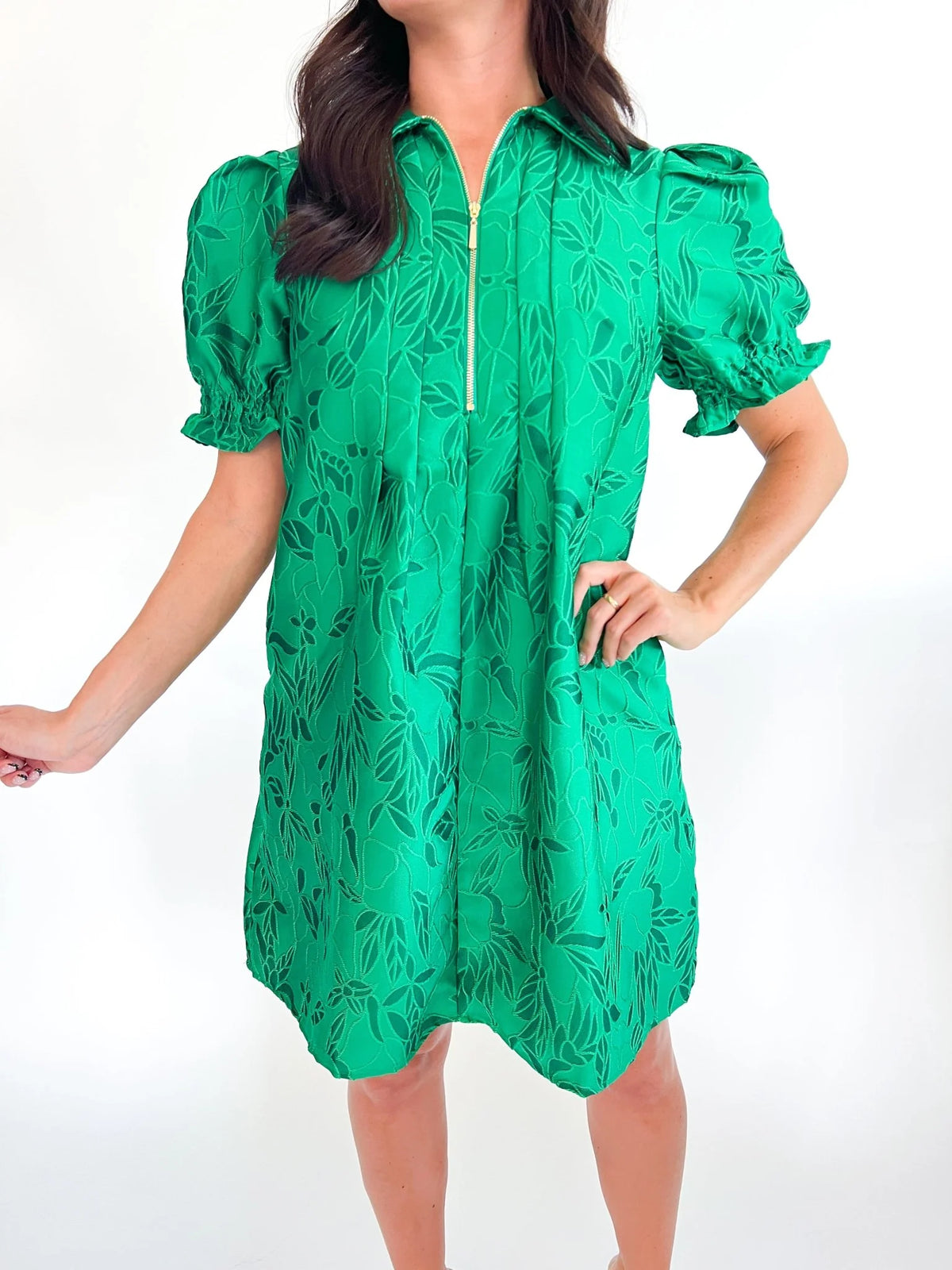 Jade Emerald Stitch Brocade Front Zip Darts Dress