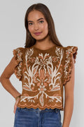 THML Flutter sleeve suede embroidery detail top