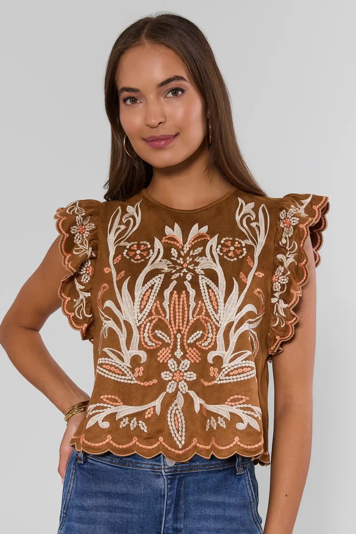 THML Flutter sleeve suede embroidery detail top