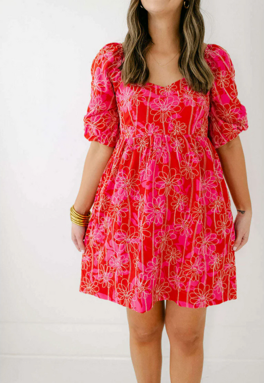 Joy Joy Red Embroidered Babydoll Dress