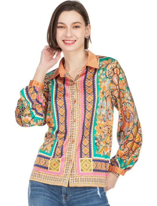 Joy Joy Scarf Print Button Down Blouse