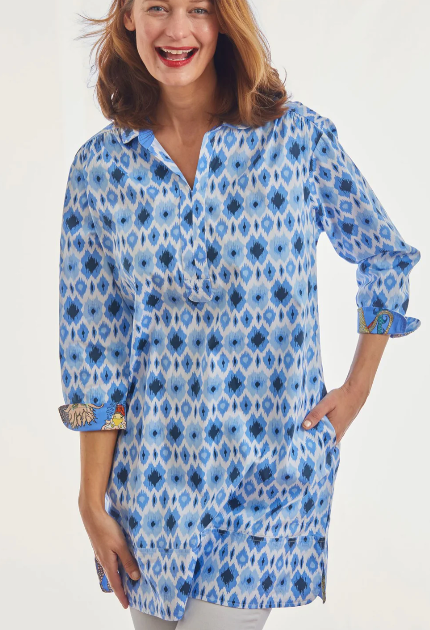 Dizzy Lizzie Vail Tunic in Blue Ikat