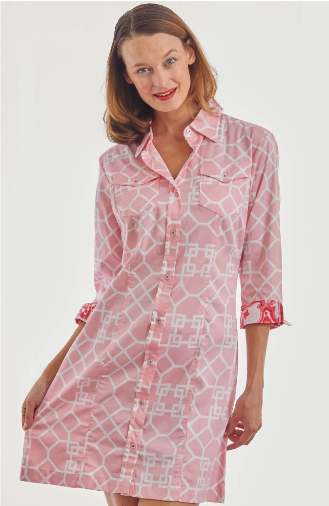Dizzy Lizzie Sag Harbor Dress in Pink & White Geometric