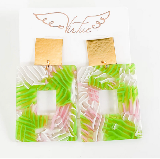 Pink and Green Palm Virtue Double Square Earrings